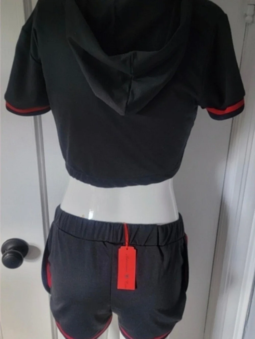 New Black & Red Stripes Short Sleeve Hoodie & Shorts Set